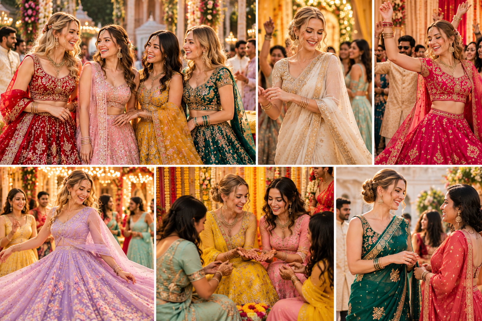 Foreign tourists wearing designer Indian lehengas, sarees and gowns for wedding and photoshoot experiences in India.rental outfits lucknow jaipur rentbox