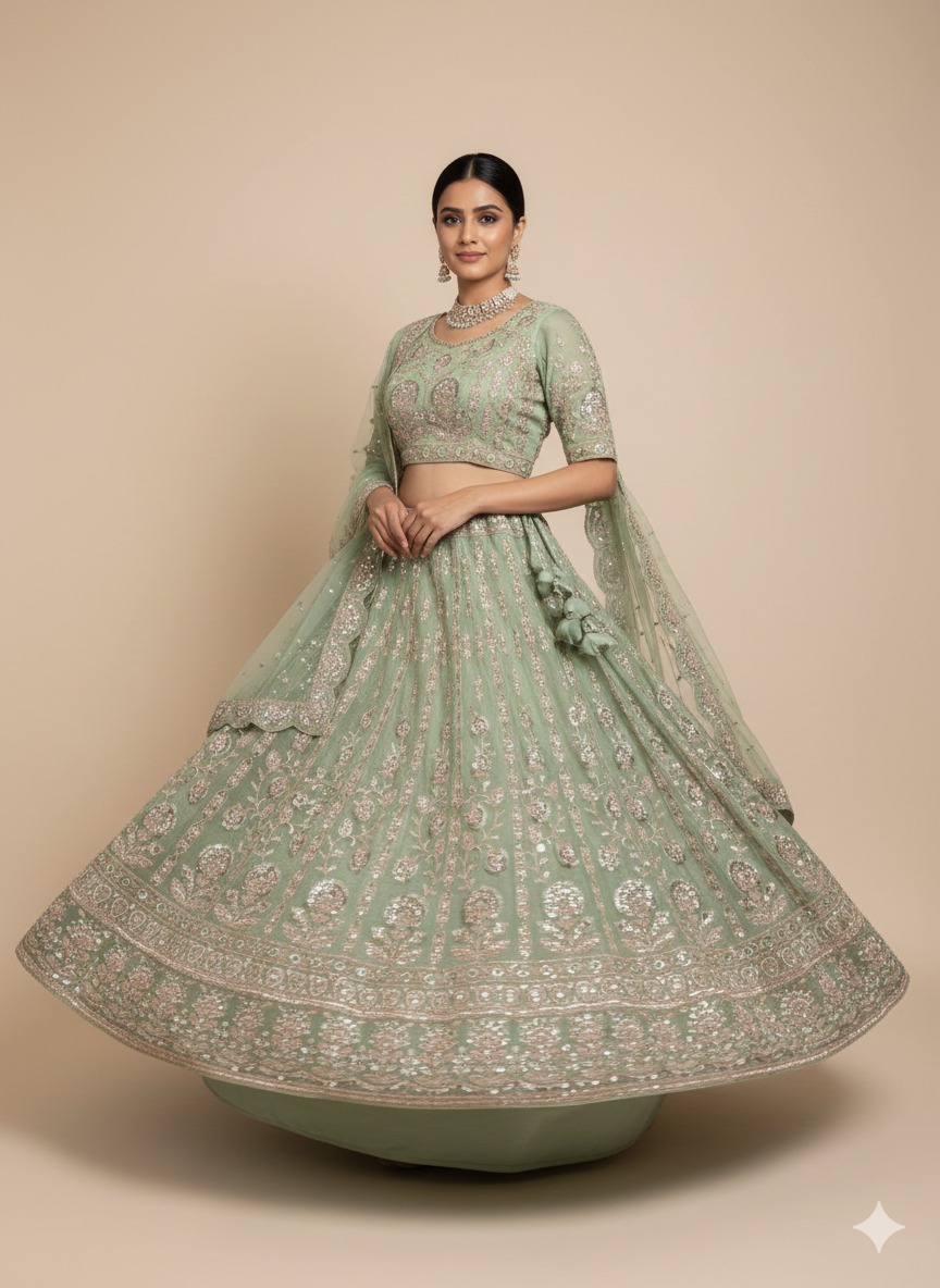 Premium Mehndi Lehenga on Rent – Bright Colors & Beautiful Designs